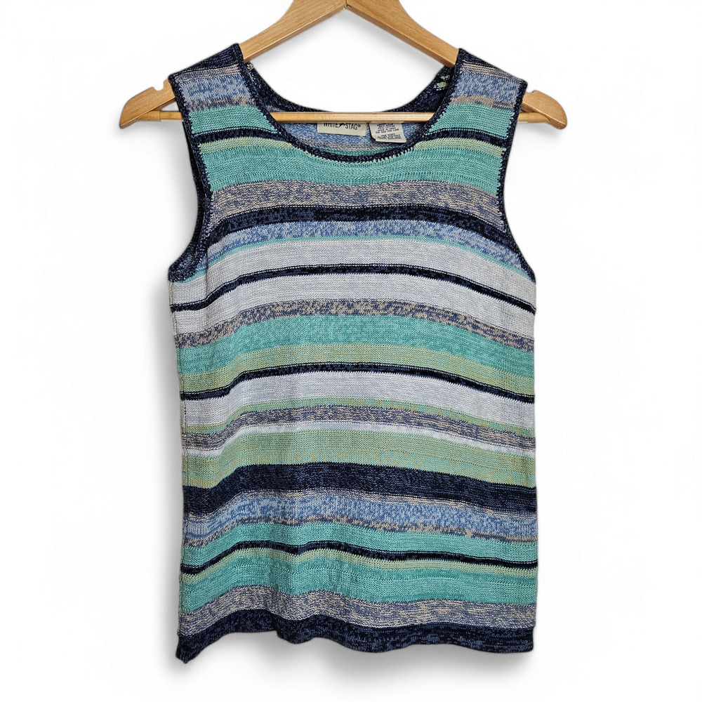 White Stag Women's Vintage Blue Ramie Cotton Sleeveless Knit Sweater Size M